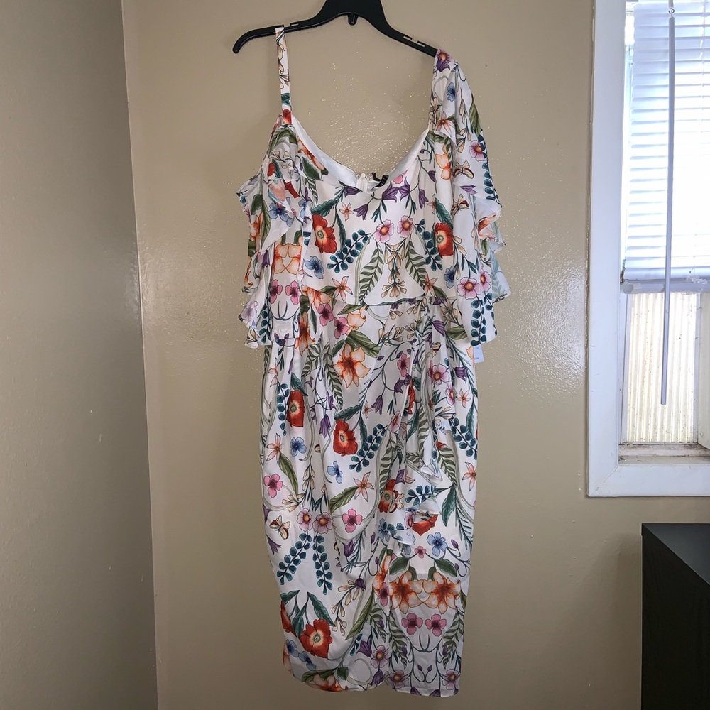White Floral Cold-Shoulder Midi Dress with Ruffle Overlay